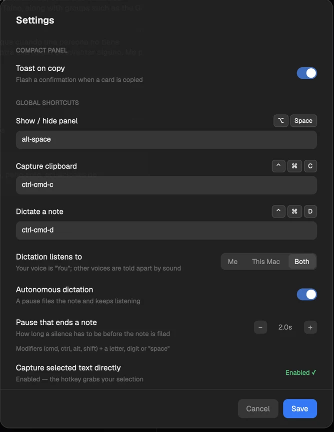 Duto's settings: theme, transparency, study mode, global shortcuts and dictation